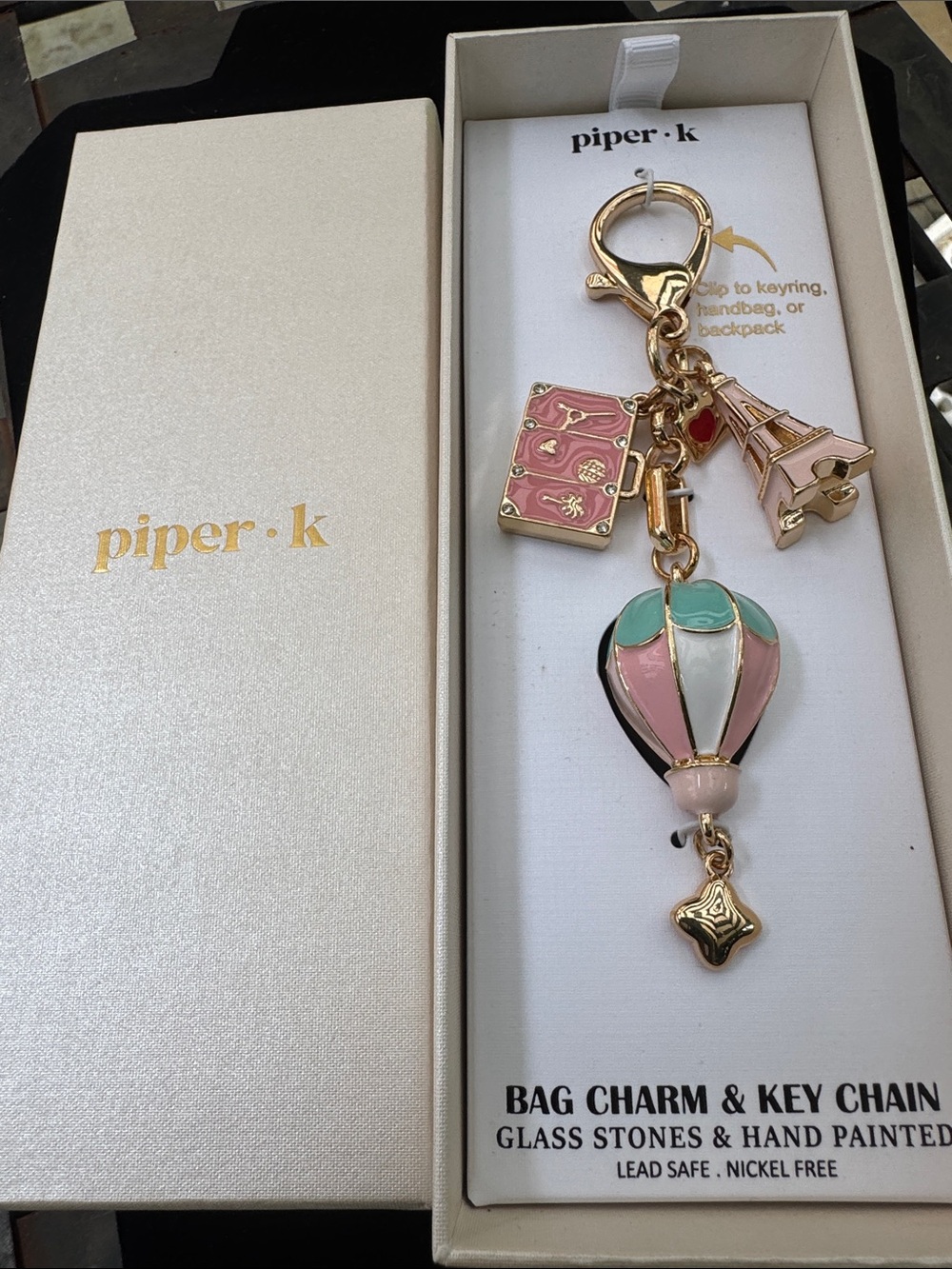Piper Pink & Mint Enamel Hot Air Balloon Keychain with Gold Hardware